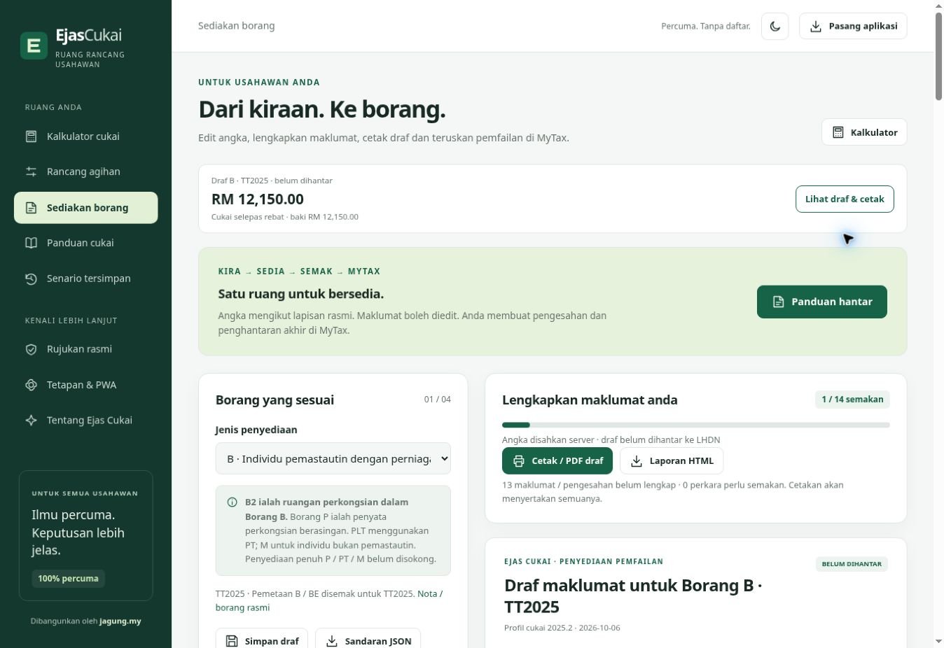 Screenshot sebenar ruang editable penyediaan draf Borang B Ejas Cukai