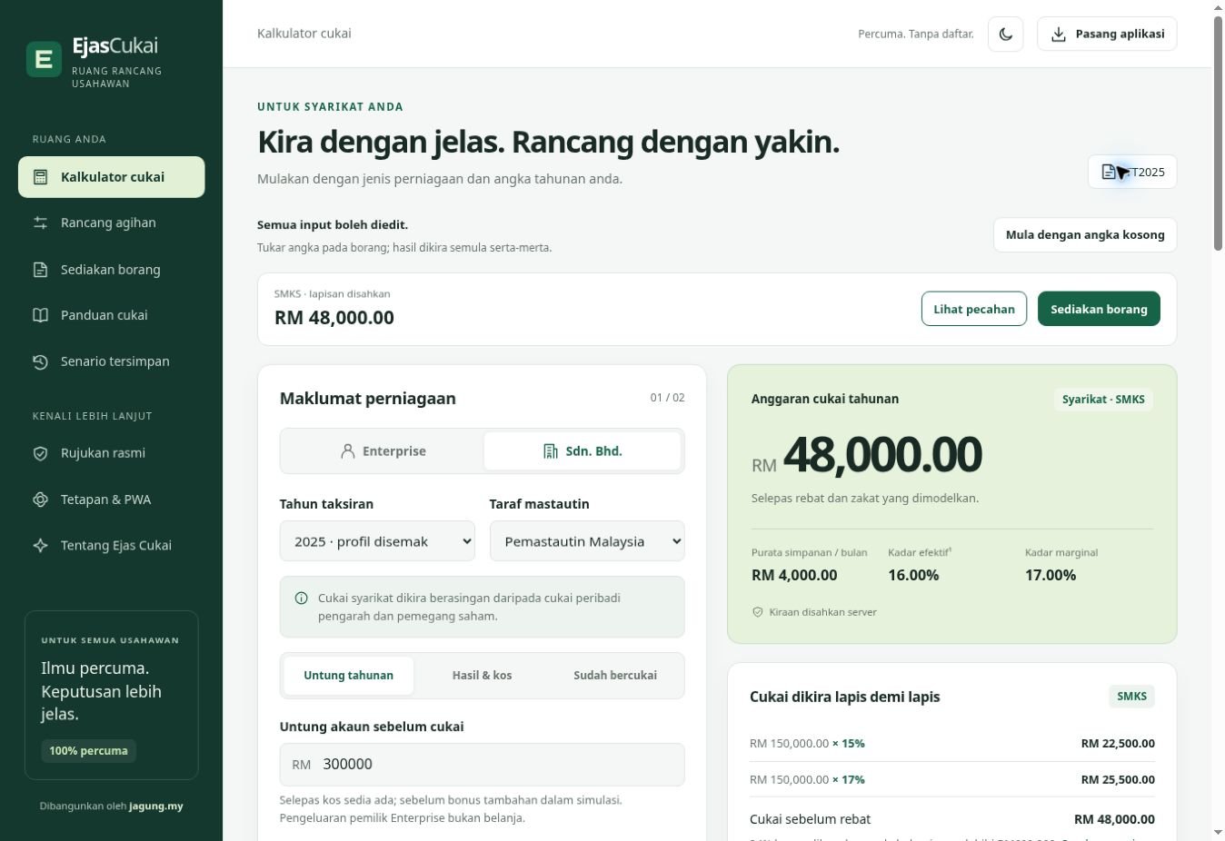 Screenshot sebenar kalkulator Ejas Cukai dan cukai mengikut lapisan